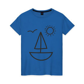 Женская футболка хлопок с принтом Настроение - море в Белгороде, 100% хлопок | прямой крой, круглый вырез горловины, длина до линии бедер, слегка спущенное плечо | корабль | лицо | лодка | море | настроение | парус | птица | рожица | солнце | улыбка | чайка | яхта