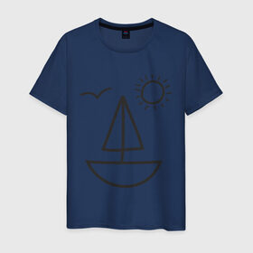 Мужская футболка хлопок с принтом Настроение - море в Белгороде, 100% хлопок | прямой крой, круглый вырез горловины, длина до линии бедер, слегка спущенное плечо. | корабль | лицо | лодка | море | настроение | парус | птица | рожица | солнце | улыбка | чайка | яхта