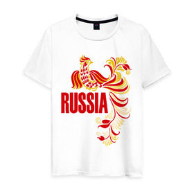 Мужская футболка хлопок с принтом Россия в Белгороде, 100% хлопок | прямой крой, круглый вырез горловины, длина до линии бедер, слегка спущенное плечо. | жар | золотая | металл | патриот | птица | россия | русский