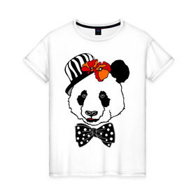 Женская футболка хлопок с принтом Панда с маками в Белгороде, 100% хлопок | прямой крой, круглый вырез горловины, длина до линии бедер, слегка спущенное плечо | бабочка | галстук | мак | медведь | панда | цветы | шляпа