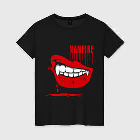 Женская футболка хлопок с принтом Вампир в Белгороде, 100% хлопок | прямой крой, круглый вырез горловины, длина до линии бедер, слегка спущенное плечо | вампир | губы | зубы | клыки | кровь | улыбка | усмешка | ухмылка