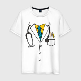 Мужская футболка хлопок с принтом Халат врача в Белгороде, 100% хлопок | прямой крой, круглый вырез горловины, длина до линии бедер, слегка спущенное плечо. | Тематика изображения на принте: врач | врачам | доктор | докторам | костюм врача | медик | медикам | стетоскоп | халат врача