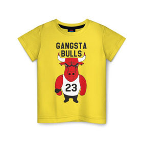 Детская футболка хлопок с принтом Gangsta Bulls в Белгороде, 100% хлопок | круглый вырез горловины, полуприлегающий силуэт, длина до линии бедер | Тематика изображения на принте: bulls | chicago | gangsta | бык | гангстер | чикаго