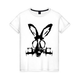 Женская футболка хлопок с принтом Заяц в противогазе в Белгороде, 100% хлопок | прямой крой, круглый вырез горловины, длина до линии бедер, слегка спущенное плечо | заяц | кролик | осел | противогаз | респиратор | уши