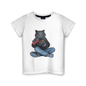 Детская футболка хлопок с принтом Кот геймер в Белгороде, 100% хлопок | круглый вырез горловины, полуприлегающий силуэт, длина до линии бедер | Тематика изображения на принте: джойстик | игрок | кола | контроллер | кот