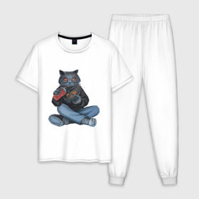 Мужская пижама хлопок с принтом Кот геймер в Белгороде, 100% хлопок | брюки и футболка прямого кроя, без карманов, на брюках мягкая резинка на поясе и по низу штанин
 | Тематика изображения на принте: джойстик | игрок | кола | контроллер | кот