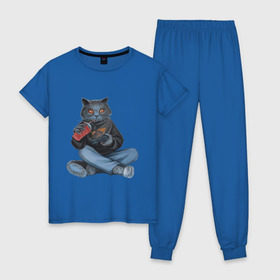 Женская пижама хлопок с принтом Кот геймер в Белгороде, 100% хлопок | брюки и футболка прямого кроя, без карманов, на брюках мягкая резинка на поясе и по низу штанин | джойстик | игрок | кола | контроллер | кот
