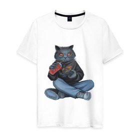 Мужская футболка хлопок с принтом Кот геймер в Белгороде, 100% хлопок | прямой крой, круглый вырез горловины, длина до линии бедер, слегка спущенное плечо. | джойстик | игрок | кола | контроллер | кот