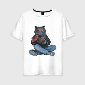 Женская футболка хлопок Oversize с принтом Кот геймер в Белгороде, 100% хлопок | свободный крой, круглый ворот, спущенный рукав, длина до линии бедер
 | джойстик | игрок | кола | контроллер | кот