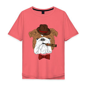 Мужская футболка хлопок Oversize с принтом Английский бульдог с сигарой в Белгороде, 100% хлопок | свободный крой, круглый ворот, “спинка” длиннее передней части | Тематика изображения на принте: английский | бабочка | бульдог | галстук | пес | псина | собака | шляпа