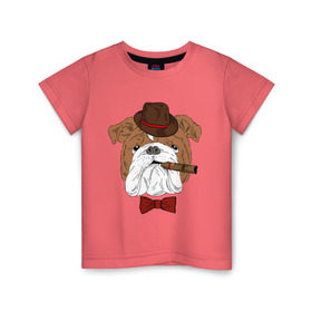Детская футболка хлопок с принтом Английский бульдог с сигарой в Белгороде, 100% хлопок | круглый вырез горловины, полуприлегающий силуэт, длина до линии бедер | английский | бабочка | бульдог | галстук | пес | псина | собака | шляпа