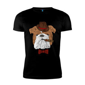 Мужская футболка премиум с принтом Английский бульдог с сигарой в Белгороде, 92% хлопок, 8% лайкра | приталенный силуэт, круглый вырез ворота, длина до линии бедра, короткий рукав | английский | бабочка | бульдог | галстук | пес | псина | собака | шляпа