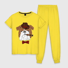 Женская пижама хлопок с принтом Английский бульдог с сигарой в Белгороде, 100% хлопок | брюки и футболка прямого кроя, без карманов, на брюках мягкая резинка на поясе и по низу штанин | английский | бабочка | бульдог | галстук | пес | псина | собака | шляпа