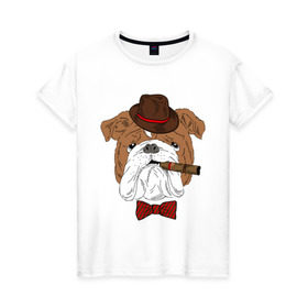Женская футболка хлопок с принтом Английский бульдог с сигарой в Белгороде, 100% хлопок | прямой крой, круглый вырез горловины, длина до линии бедер, слегка спущенное плечо | Тематика изображения на принте: английский | бабочка | бульдог | галстук | пес | псина | собака | шляпа