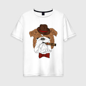 Женская футболка хлопок Oversize с принтом Английский бульдог с сигарой в Белгороде, 100% хлопок | свободный крой, круглый ворот, спущенный рукав, длина до линии бедер
 | Тематика изображения на принте: английский | бабочка | бульдог | галстук | пес | псина | собака | шляпа