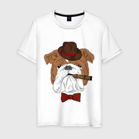 Мужская футболка хлопок с принтом Английский бульдог с сигарой в Белгороде, 100% хлопок | прямой крой, круглый вырез горловины, длина до линии бедер, слегка спущенное плечо. | английский | бабочка | бульдог | галстук | пес | псина | собака | шляпа