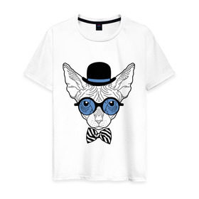 Мужская футболка хлопок с принтом Сфинкс в цилиндре в Белгороде, 100% хлопок | прямой крой, круглый вырез горловины, длина до линии бедер, слегка спущенное плечо. | бабочка | галстук | кот | котелок | кошка. киса | очки | сфинкс | цилиндр | шляпа