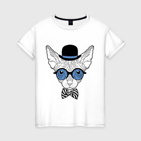 Женская футболка хлопок с принтом Сфинкс в цилиндре в Белгороде, 100% хлопок | прямой крой, круглый вырез горловины, длина до линии бедер, слегка спущенное плечо | бабочка | галстук | кот | котелок | кошка. киса | очки | сфинкс | цилиндр | шляпа