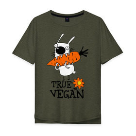 Мужская футболка хлопок Oversize с принтом True vegan (истинный веган) в Белгороде, 100% хлопок | свободный крой, круглый ворот, “спинка” длиннее передней части | carrot | flower | rabbit | true | vegan | веган | заяц | истинный | морковка | ролик | цветок | экология
