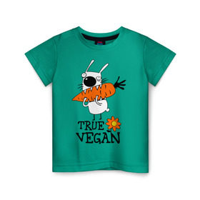 Детская футболка хлопок с принтом True vegan (истинный веган) в Белгороде, 100% хлопок | круглый вырез горловины, полуприлегающий силуэт, длина до линии бедер | carrot | flower | rabbit | true | vegan | веган | заяц | истинный | морковка | ролик | цветок | экология