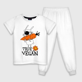 Детская пижама хлопок с принтом True vegan (истинный веган) в Белгороде, 100% хлопок |  брюки и футболка прямого кроя, без карманов, на брюках мягкая резинка на поясе и по низу штанин
 | Тематика изображения на принте: carrot | flower | rabbit | true | vegan | веган | заяц | истинный | морковка | ролик | цветок | экология