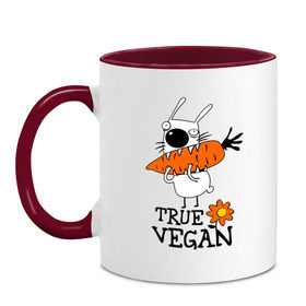 Кружка двухцветная с принтом True vegan (истинный веган) в Белгороде, керамика | объем — 330 мл, диаметр — 80 мм. Цветная ручка и кайма сверху, в некоторых цветах — вся внутренняя часть | carrot | flower | rabbit | true | vegan | веган | заяц | истинный | морковка | ролик | цветок | экология