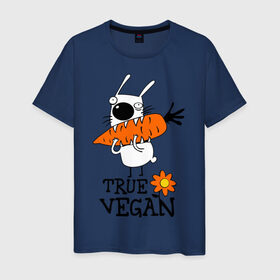 Мужская футболка хлопок с принтом True vegan (истинный веган) в Белгороде, 100% хлопок | прямой крой, круглый вырез горловины, длина до линии бедер, слегка спущенное плечо. | Тематика изображения на принте: carrot | flower | rabbit | true | vegan | веган | заяц | истинный | морковка | ролик | цветок | экология
