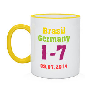 Кружка двухцветная с принтом Бразилия - Германия в Белгороде, керамика | объем — 330 мл, диаметр — 80 мм. Цветная ручка и кайма сверху, в некоторых цветах — вся внутренняя часть | 