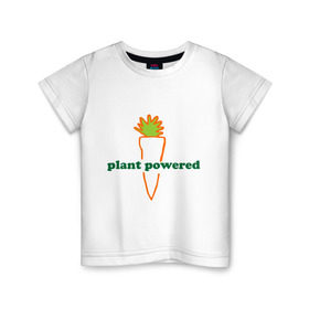 Детская футболка хлопок с принтом Vegetarian plant powered в Белгороде, 100% хлопок | круглый вырез горловины, полуприлегающий силуэт, длина до линии бедер | Тематика изображения на принте: carrot | plant | power | vegan. vegeterian | веган | вегетарианец | заряжен | морковь | овощи | растение | сила | фрукты