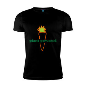 Мужская футболка премиум с принтом Vegetarian plant powered в Белгороде, 92% хлопок, 8% лайкра | приталенный силуэт, круглый вырез ворота, длина до линии бедра, короткий рукав | carrot | plant | power | vegan. vegeterian | веган | вегетарианец | заряжен | морковь | овощи | растение | сила | фрукты