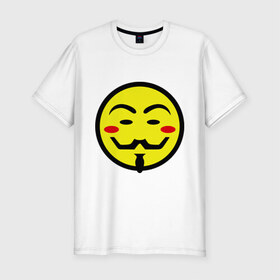 Мужская футболка премиум с принтом Вендетта смайлик в Белгороде, 92% хлопок, 8% лайкра | приталенный силуэт, круглый вырез ворота, длина до линии бедра, короткий рукав | vendetta | анонимус | вендетта | гай | значит | маска | смайл | фокс