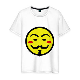 Мужская футболка хлопок с принтом Вендетта смайлик в Белгороде, 100% хлопок | прямой крой, круглый вырез горловины, длина до линии бедер, слегка спущенное плечо. | Тематика изображения на принте: vendetta | анонимус | вендетта | гай | значит | маска | смайл | фокс