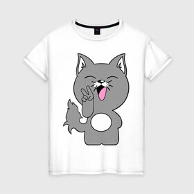 Женская футболка хлопок с принтом Котик Peace в Белгороде, 100% хлопок | прямой крой, круглый вырез горловины, длина до линии бедер, слегка спущенное плечо | 