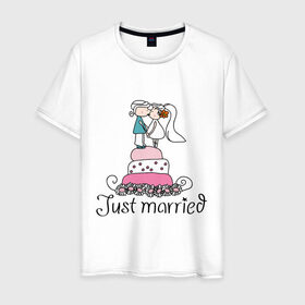 Мужская футболка хлопок с принтом Just Married - Свадебный торт в Белгороде, 100% хлопок | прямой крой, круглый вырез горловины, длина до линии бедер, слегка спущенное плечо. | just married | молодожены | свадебный торт | торт