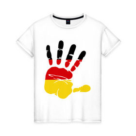Женская футболка хлопок с принтом Рука Германии в Белгороде, 100% хлопок | прямой крой, круглый вырез горловины, длина до линии бедер, слегка спущенное плечо | германия | желтый | красный | ладонь | отпечаток | рука | след | флаг | черный