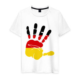 Мужская футболка хлопок с принтом Рука Германии в Белгороде, 100% хлопок | прямой крой, круглый вырез горловины, длина до линии бедер, слегка спущенное плечо. | германия | желтый | красный | ладонь | отпечаток | рука | след | флаг | черный