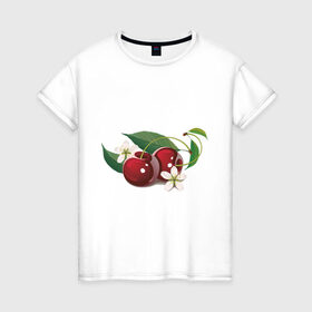 Женская футболка хлопок с принтом Сладкая вишенка в Белгороде, 100% хлопок | прямой крой, круглый вырез горловины, длина до линии бедер, слегка спущенное плечо | вишенка | вишня | сеток | фрукты | цветы