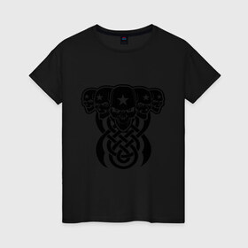 Женская футболка хлопок с принтом Три черепушки с кельтскими узорами в Белгороде, 100% хлопок | прямой крой, круглый вырез горловины, длина до линии бедер, слегка спущенное плечо | 