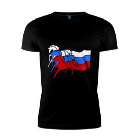 Мужская футболка премиум с принтом Сильная Россия в Белгороде, 92% хлопок, 8% лайкра | приталенный силуэт, круглый вырез ворота, длина до линии бедра, короткий рукав | кони | лошадь | россия | сильная | триколор | тройка | флаг