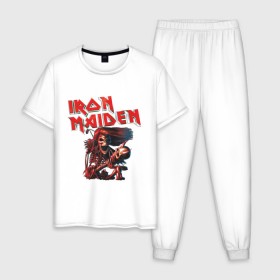 Мужская пижама хлопок с принтом Iron Maiden в Белгороде, 100% хлопок | брюки и футболка прямого кроя, без карманов, на брюках мягкая резинка на поясе и по низу штанин
 | гитара | скелет