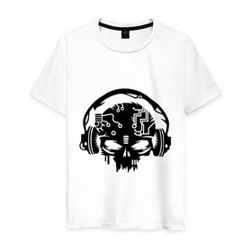 Мужская футболка хлопок с принтом Электро череп в Белгороде, 100% хлопок | прямой крой, круглый вырез горловины, длина до линии бедер, слегка спущенное плечо. | кости | музыка | наушники | электро череп