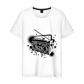 Мужская футболка хлопок с принтом Старый магнитофон в Белгороде, 100% хлопок | прямой крой, круглый вырез горловины, длина до линии бедер, слегка спущенное плечо. | музыка | старый магнитофон