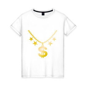 Женская футболка хлопок с принтом Золотой доллар в Белгороде, 100% хлопок | прямой крой, круглый вырез горловины, длина до линии бедер, слегка спущенное плечо | доллар | звезда | золото | цепь