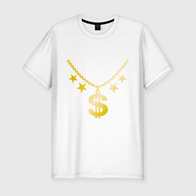 Мужская футболка премиум с принтом Золотой доллар в Белгороде, 92% хлопок, 8% лайкра | приталенный силуэт, круглый вырез ворота, длина до линии бедра, короткий рукав | Тематика изображения на принте: доллар | звезда | золото | цепь