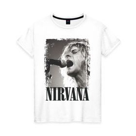 Женская футболка хлопок с принтом Nirvana в Белгороде, 100% хлопок | прямой крой, круглый вырез горловины, длина до линии бедер, слегка спущенное плечо | Тематика изображения на принте: cobain | kurt | кобейн | курт | нирвана