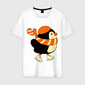 Мужская футболка хлопок с принтом Пингвин на коньках в Белгороде, 100% хлопок | прямой крой, круглый вырез горловины, длина до линии бедер, слегка спущенное плечо. | Тематика изображения на принте: пингвин