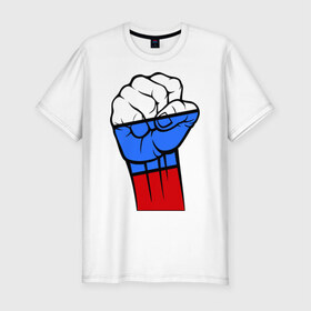 Мужская футболка премиум с принтом Русский дух в Белгороде, 92% хлопок, 8% лайкра | приталенный силуэт, круглый вырез ворота, длина до линии бедра, короткий рукав | дух | кулак | патриот | россия | рука | русский | рф | триколор