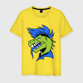 Мужская футболка хлопок с принтом Динозавр панк в Белгороде, 100% хлопок | прямой крой, круглый вырез горловины, длина до линии бедер, слегка спущенное плечо. | динозавр | ирокез | неформал | панк | раптор