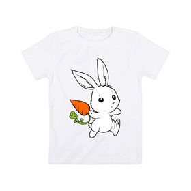 Детская футболка хлопок с принтом Зайка с морковкой в Белгороде, 100% хлопок | круглый вырез горловины, полуприлегающий силуэт, длина до линии бедер | Тематика изображения на принте: белый | зайка | заяц | кролик | милый | морковь