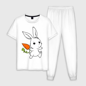 Мужская пижама хлопок с принтом Зайка с морковкой в Белгороде, 100% хлопок | брюки и футболка прямого кроя, без карманов, на брюках мягкая резинка на поясе и по низу штанин
 | белый | зайка | заяц | кролик | милый | морковь